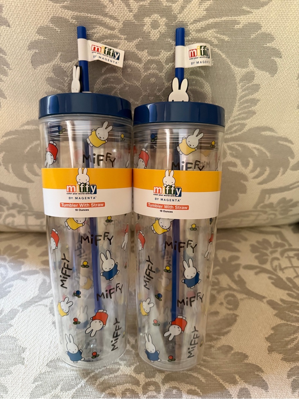 Lot of 2 MIFFY Clear Tumbler with Straw NWT Blue Kawaii